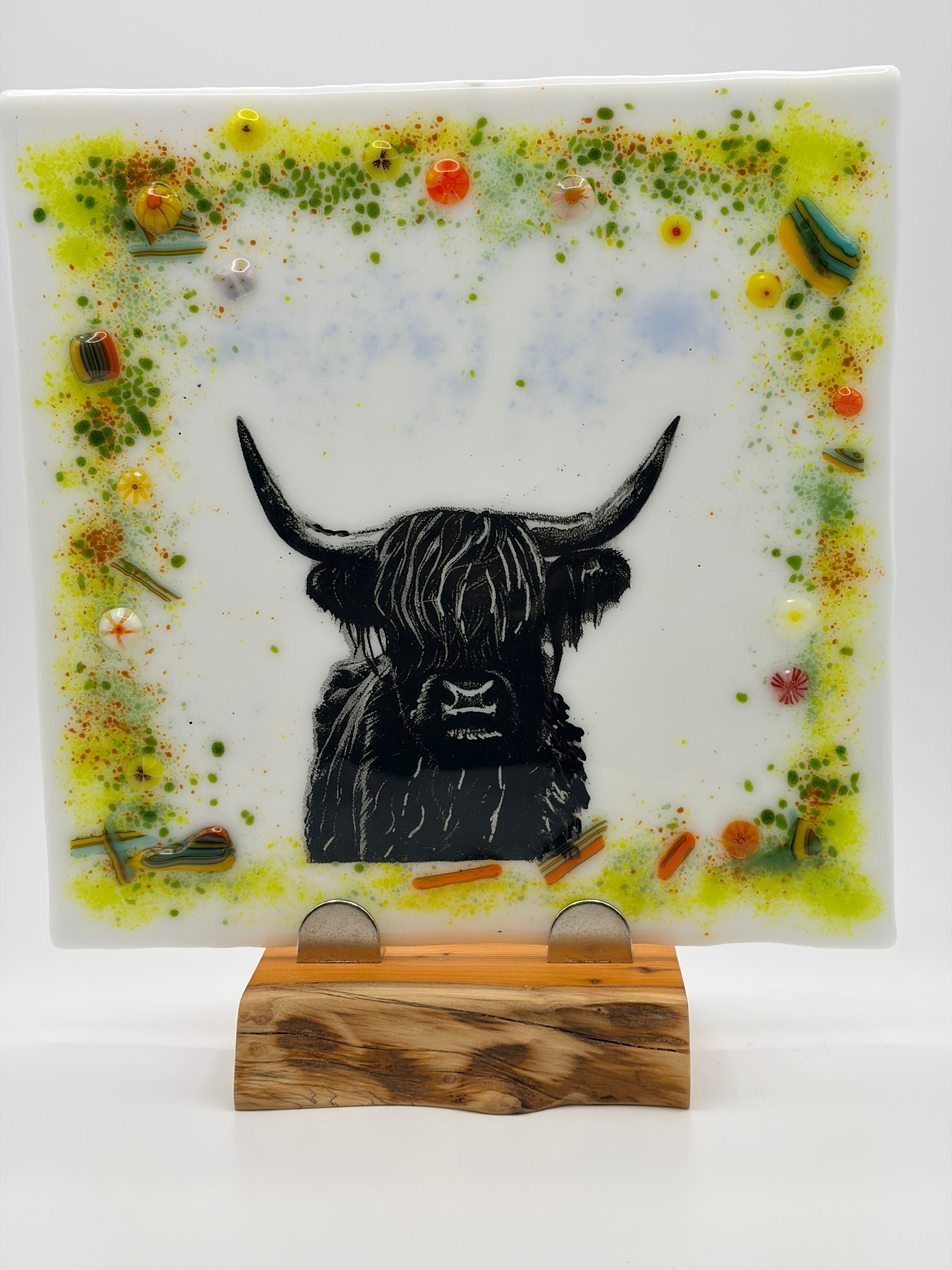 Highland Cow Plaque in solid wood stand